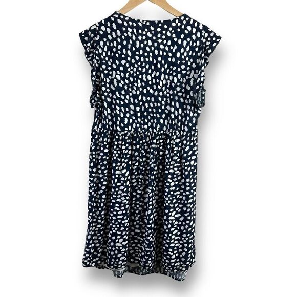 Kirundo Size L Floral Embroidered Ruffle Sleeve Knee Length Dress Navy White Dot - Picture 2 of 9